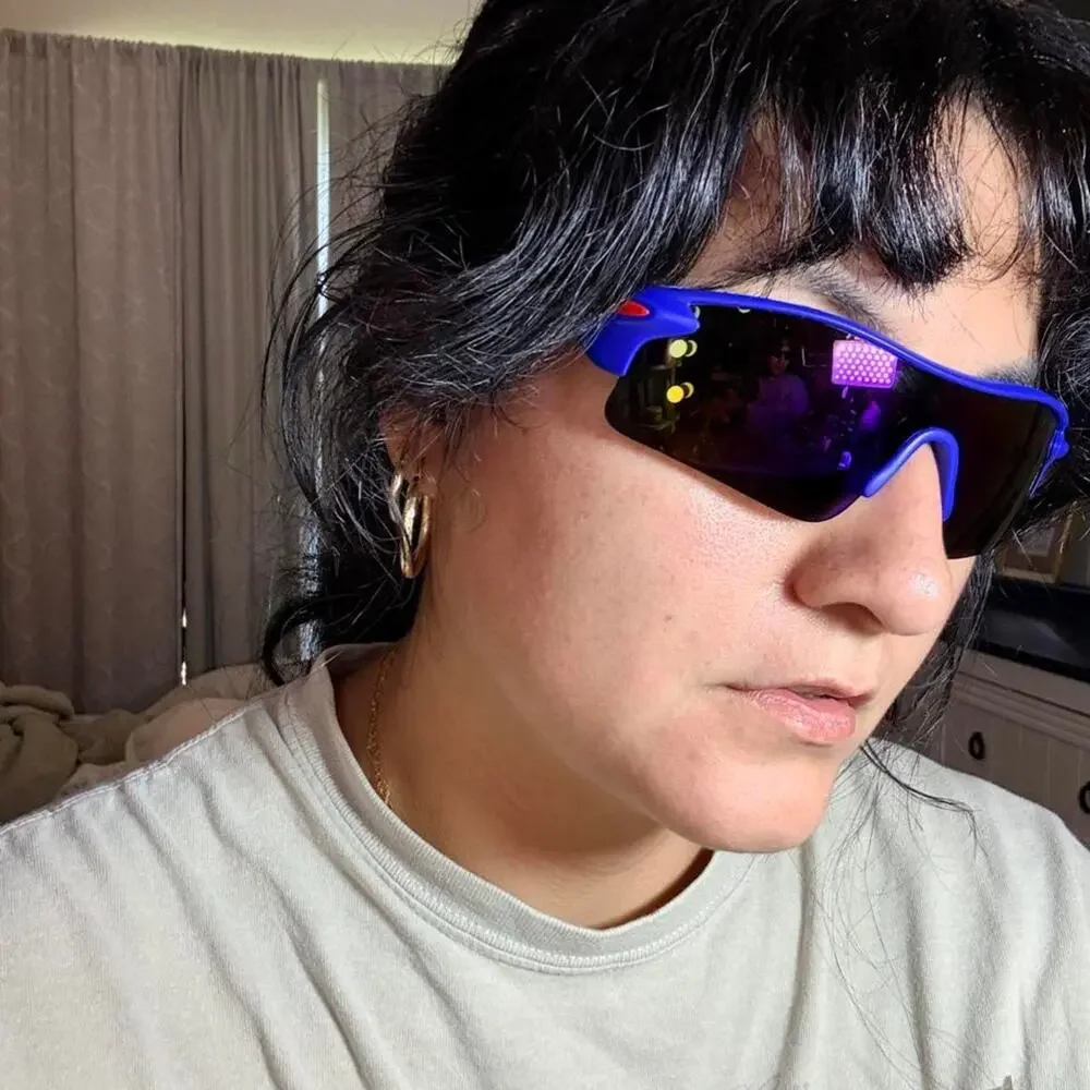 Electric blue wraparound shield sunglasses Y2k sporty cybercore moto festival